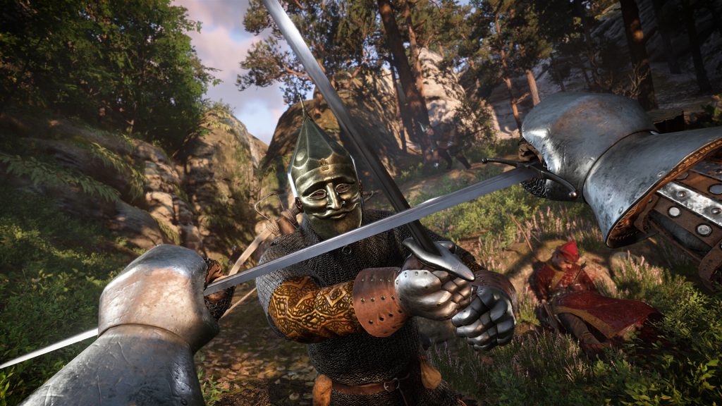 A first-person sword fight against an armoured opponent in Kingdom Come: Deliverance II.