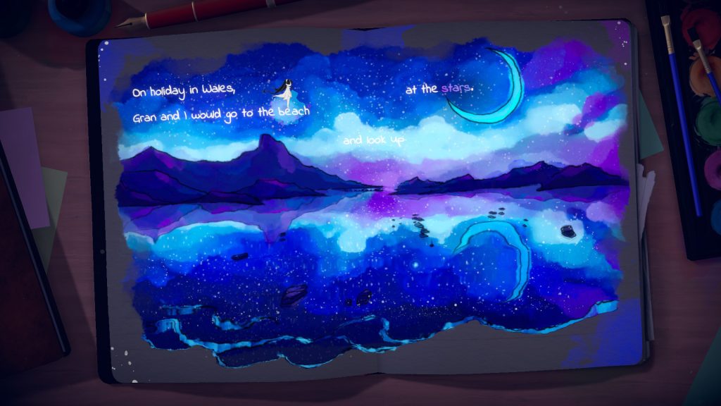 A colourful diary page with words and an illustrated landscape in Lost Words: Beyond the Page.