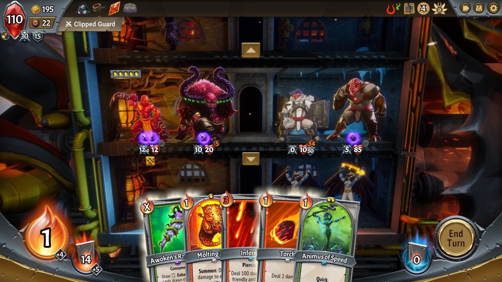 Cards, units and several stacked battlegrounds in Monster Train.