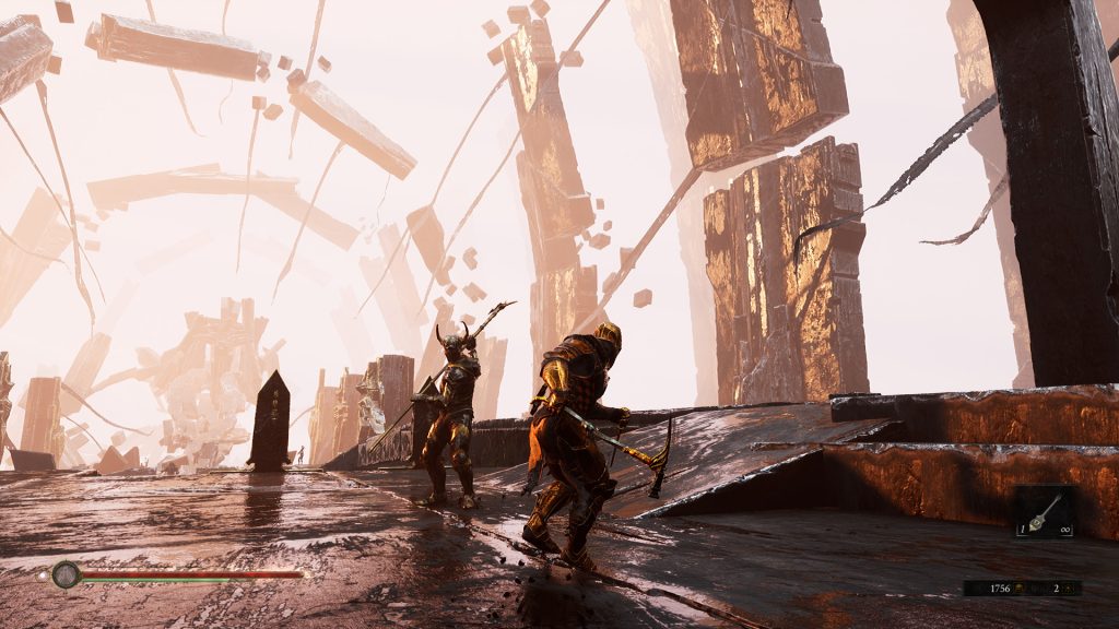 A warrior facing enemies among large ruined structures in Mortal Shell.
