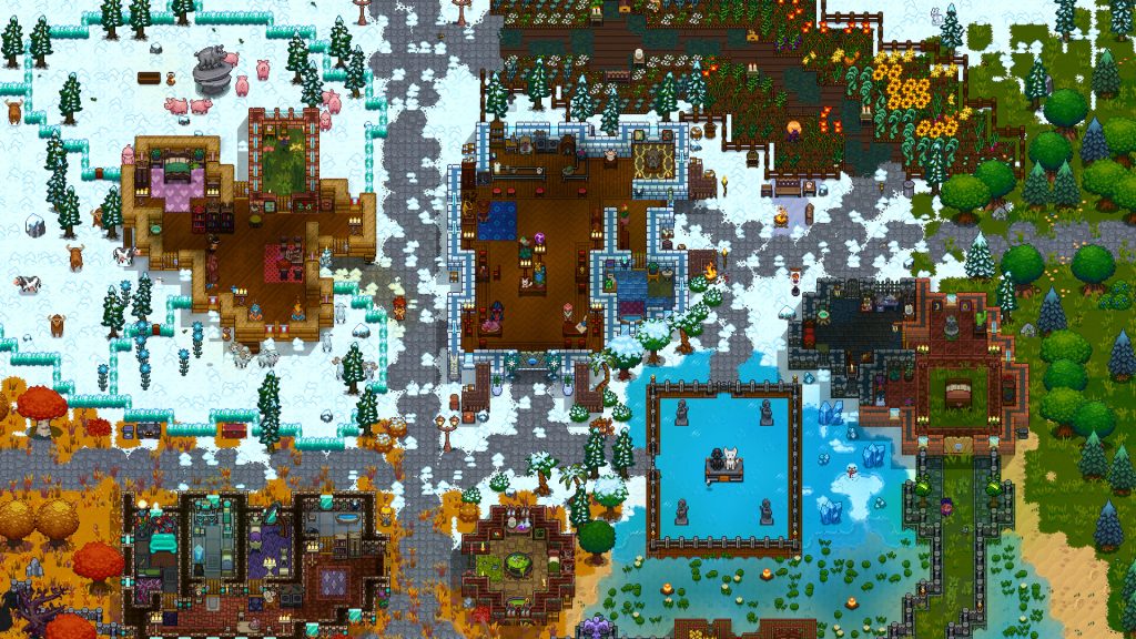 A settlement between snowy and green landscapes in Necesse.