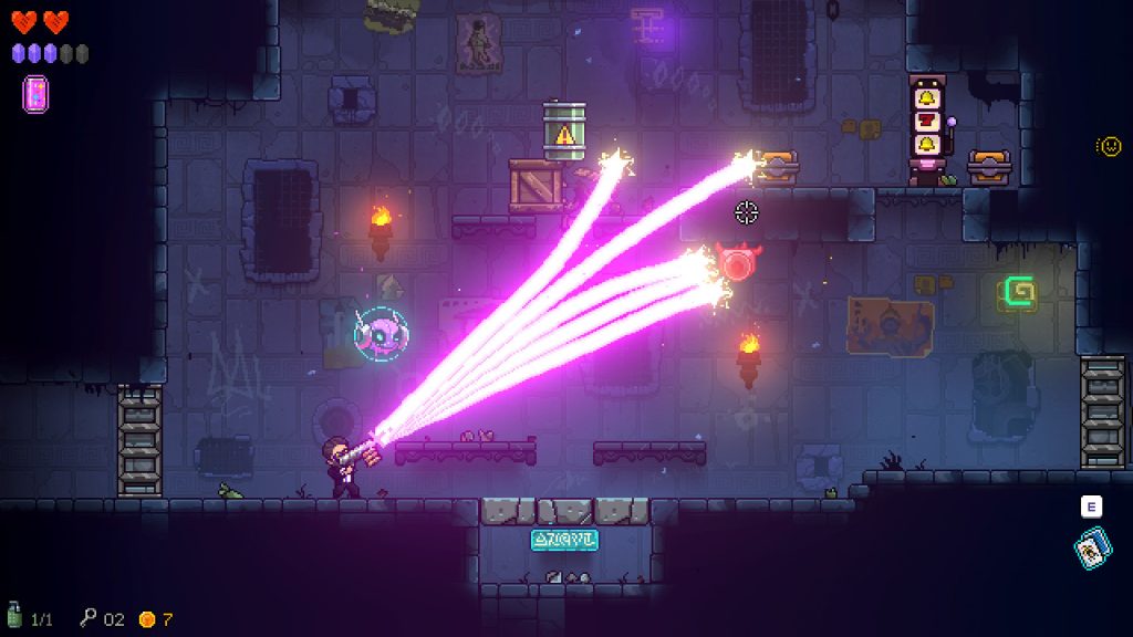 A character firing bright beams across a dungeon room in Neon Abyss.