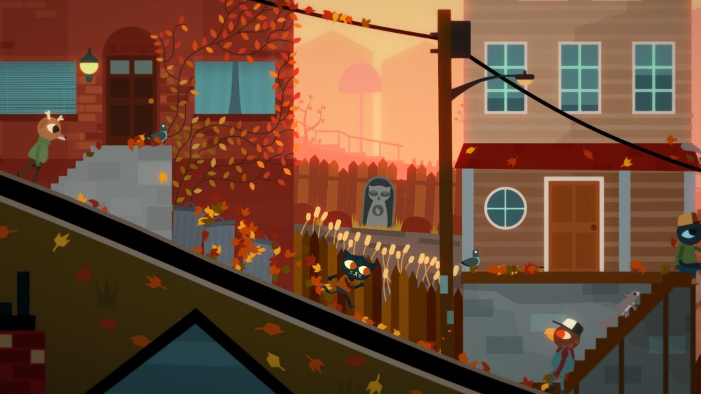 An autumn street with colourful houses and characters in Night in the Woods.