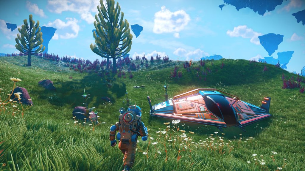 An astronaut beside a landed spacecraft on a green planet in No Man's Sky.