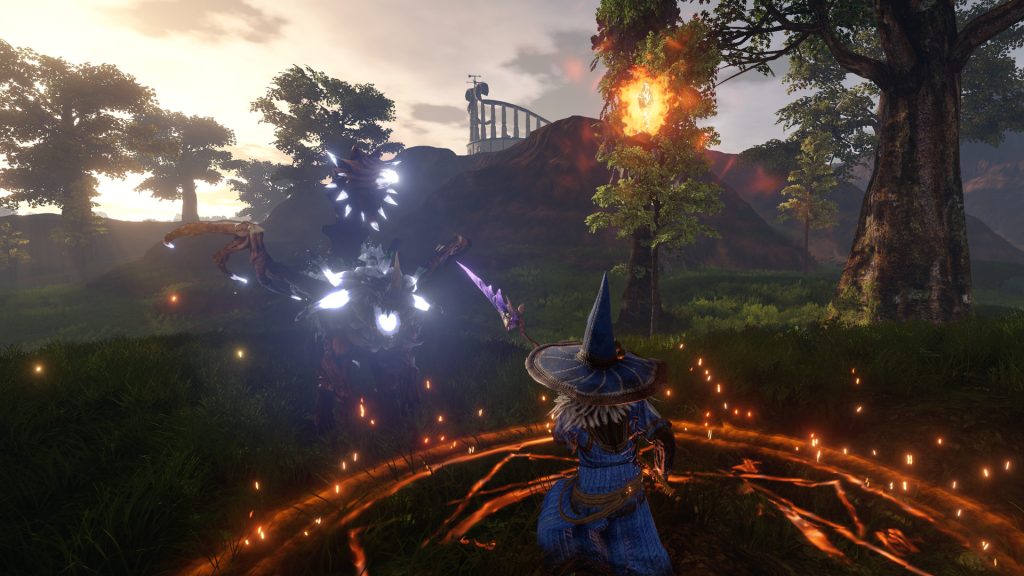 A robed adventurer using magic in an outdoor camp in Outward.