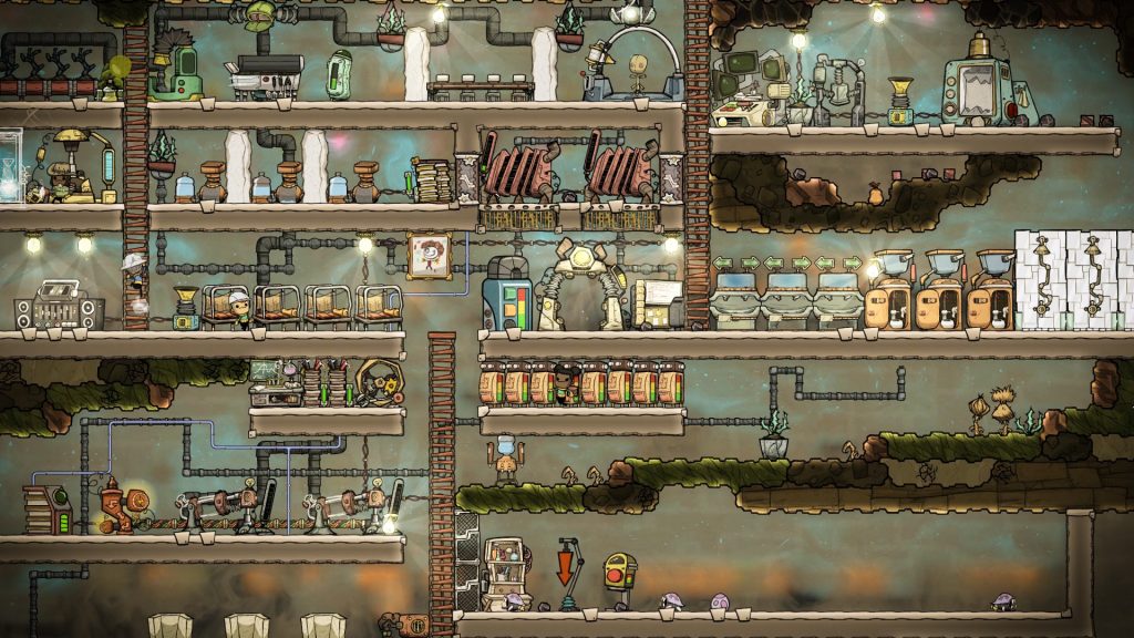 A cutaway view of rooms and machinery in an underground colony in Oxygen Not Included.