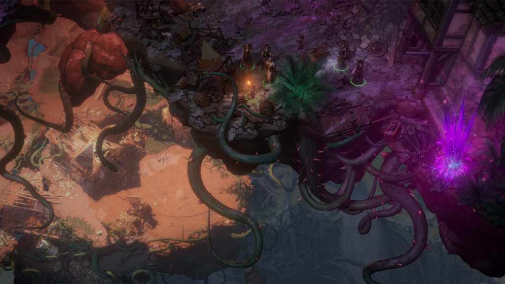 A party exploring a twisted landscape with glowing purple light in Pathfinder: Kingmaker.