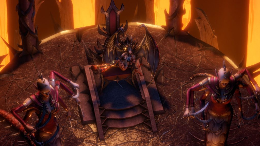 Armoured characters gathered on steps above a fiery landscape in Pathfinder: Wrath of the Righteous.
