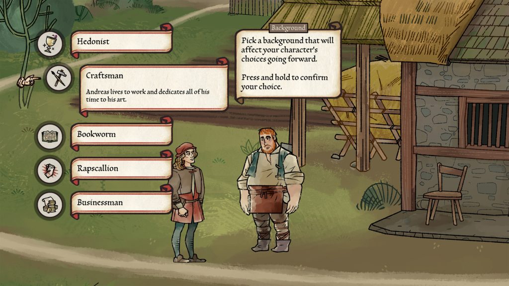A conversation with choices about a character's background in Pentiment.