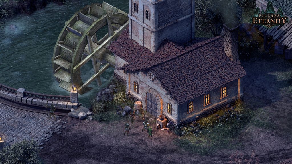 A party gathered outside a watermill in Pillars of Eternity.