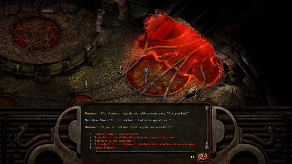A dialogue scene beside a red otherworldly creature in Planescape: Torment: Enhanced Edition.