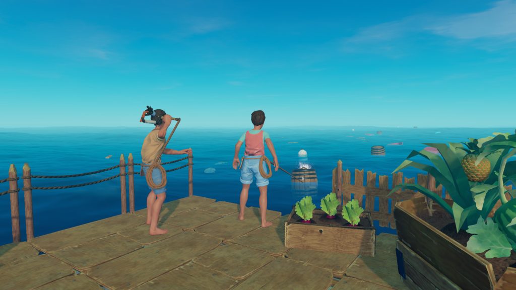 Two survivors standing on a floating raft above the ocean in Raft.