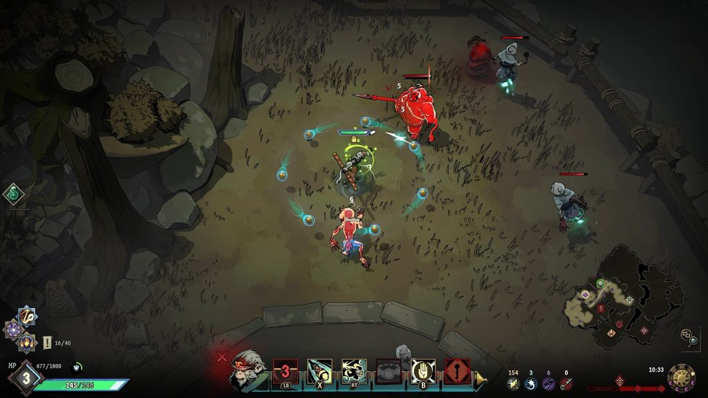 Heroes fighting enemies in a dark outdoor arena in Ravenswatch.