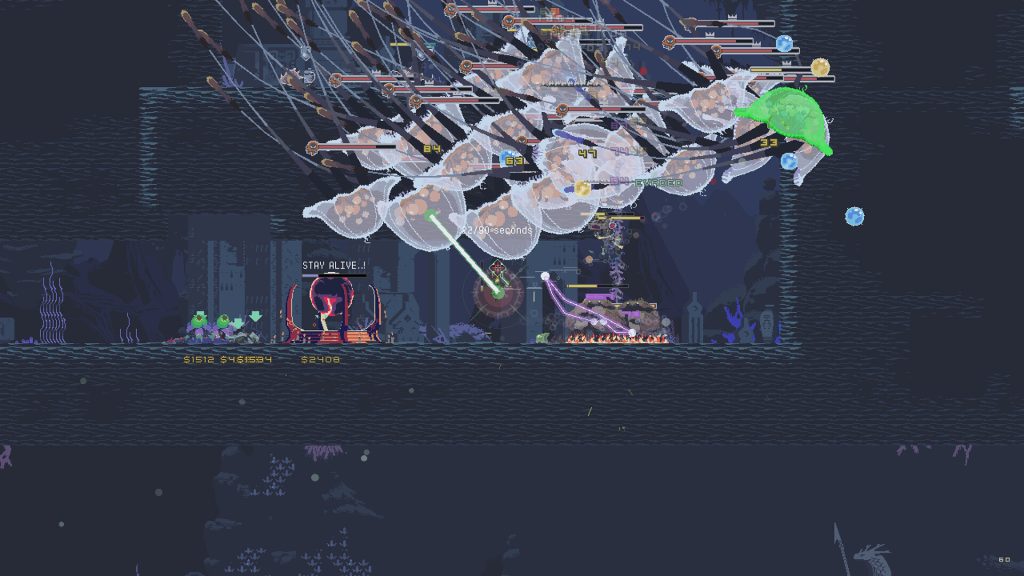 A character amid overlapping attack effects in Risk of Rain Returns.