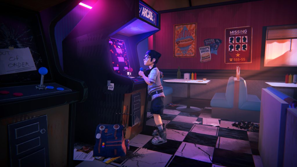 Characters beside an arcade machine in a roadside diner in Road 96.