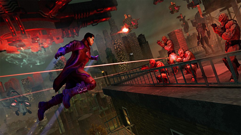 A character leaping through an illuminated futuristic arena in Saints Row IV.