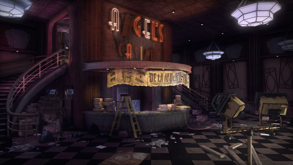An ornate interior with a staircase and a bar in Saints Row: The Third.