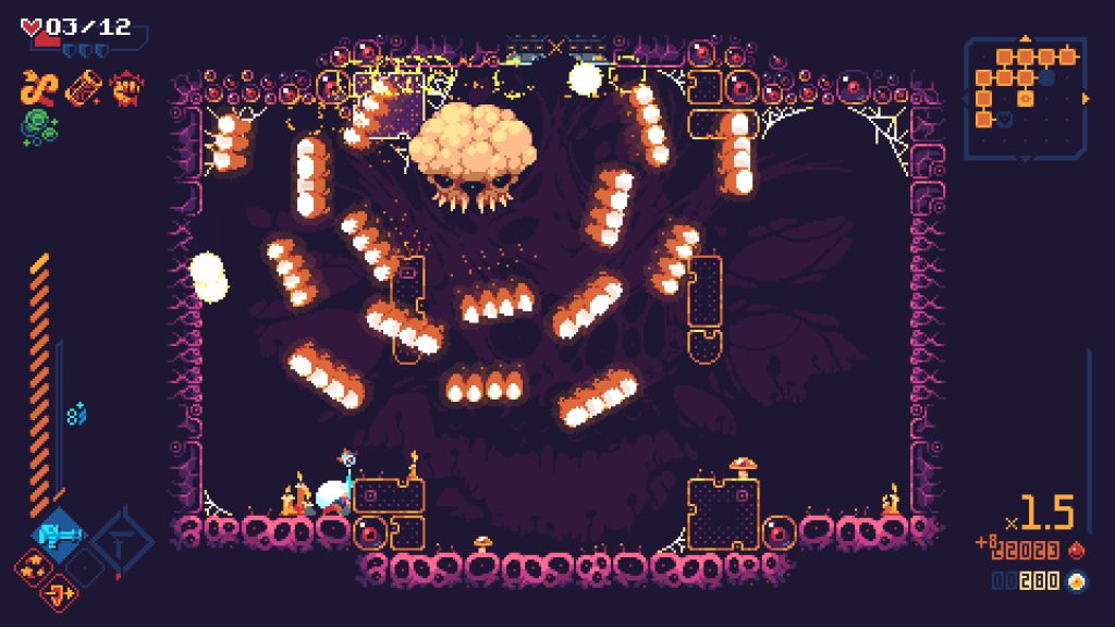 A character dodging bright projectiles in ScourgeBringer.