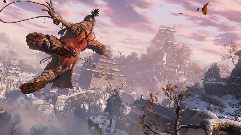 A shinobi leaping above a snowy landscape in Sekiro: Shadows Die Twice.