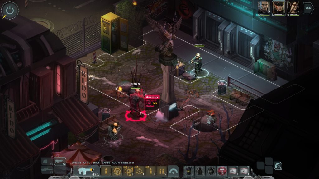 A tactical encounter in a dim urban setting in Shadowrun: Dragonfall.