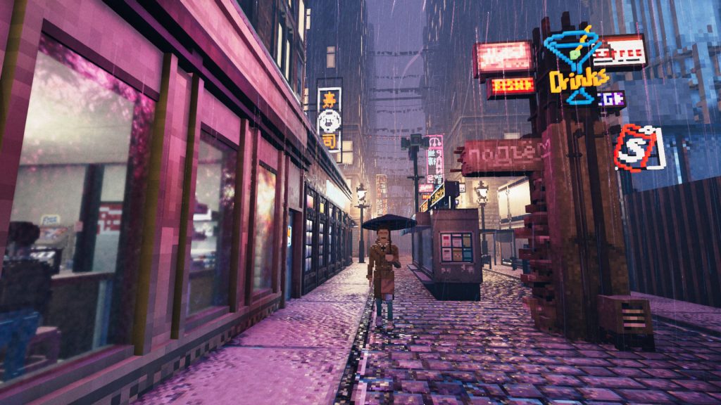 A rain-soaked street lit by neon signs in Shadows of Doubt.