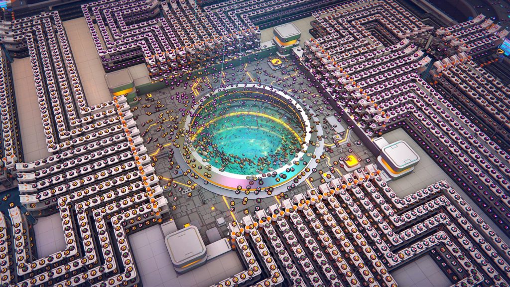 Large geometric production lines surrounding a glowing hub in shapez 2.