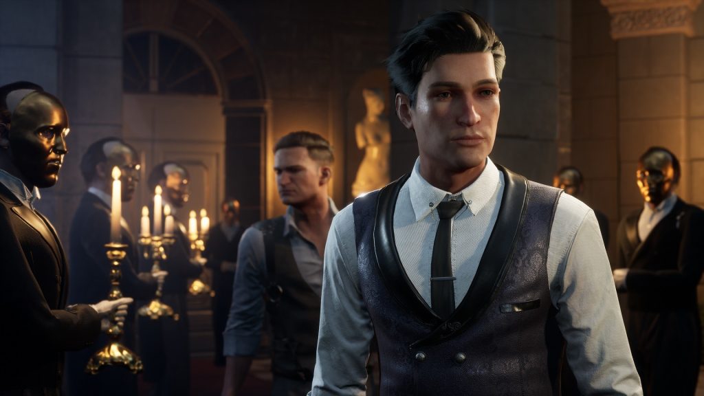 A young Sherlock Holmes in a crowded bar in Sherlock Holmes Chapter One.