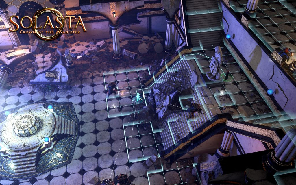 A party standing on a tiled platform beside a staircase in Solasta: Crown of the Magister.