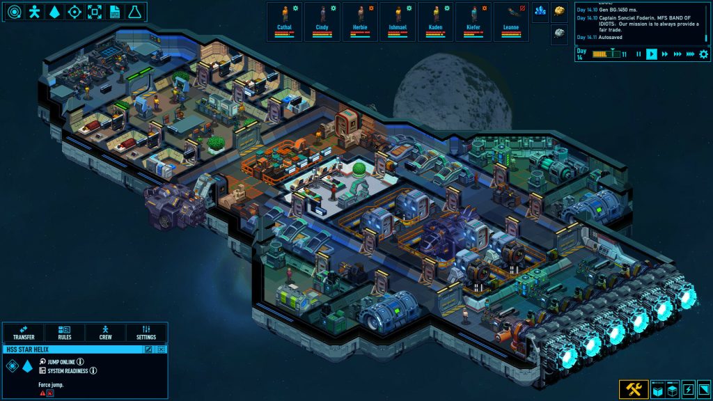 A cutaway view of connected spaceship rooms and equipment in Space Haven.