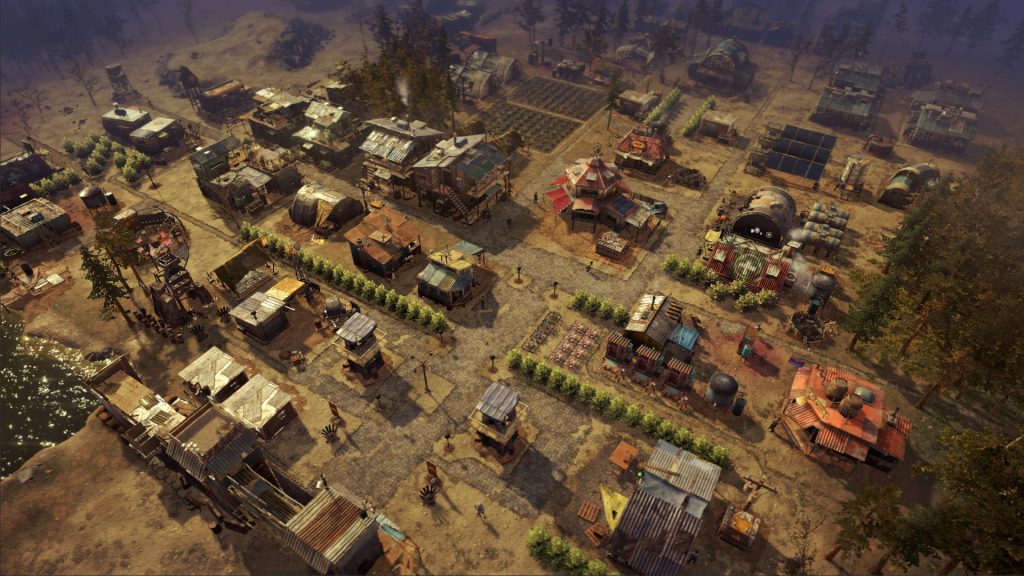 A settlement of makeshift buildings in a post-apocalyptic landscape in Surviving the Aftermath.