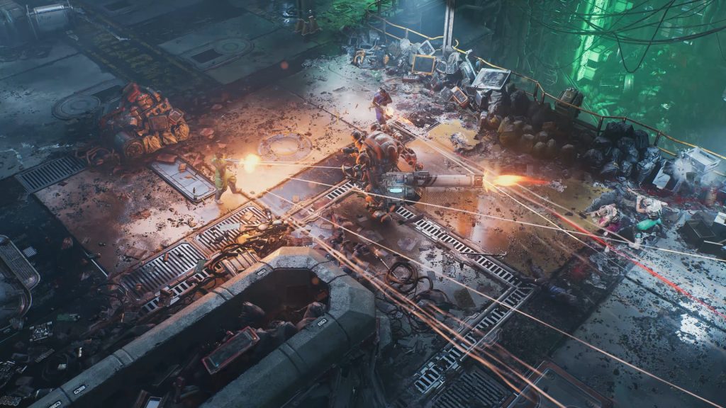 An overhead view of combat on elevated industrial walkways in The Ascent.