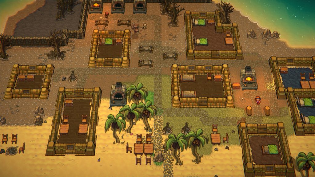 An overhead view of a settlement and work areas in The Survivalists.