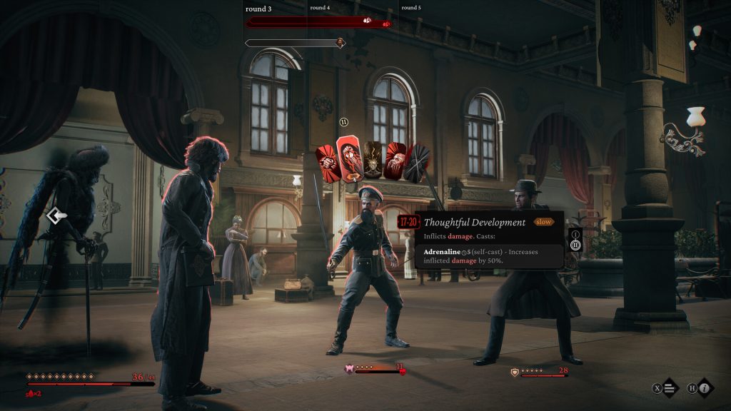 A turn-based encounter inside an ornate building in The Thaumaturge.