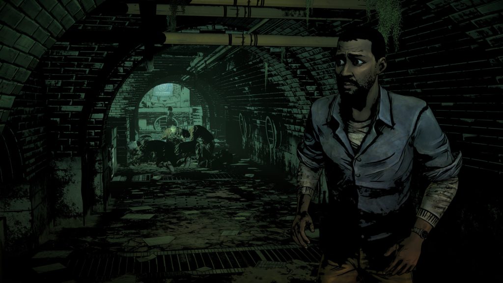 A character in a dark tunnel in The Walking Dead: The Telltale Definitive Series.