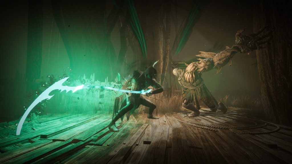 A fighter swinging a glowing green weapon in Thymesia.