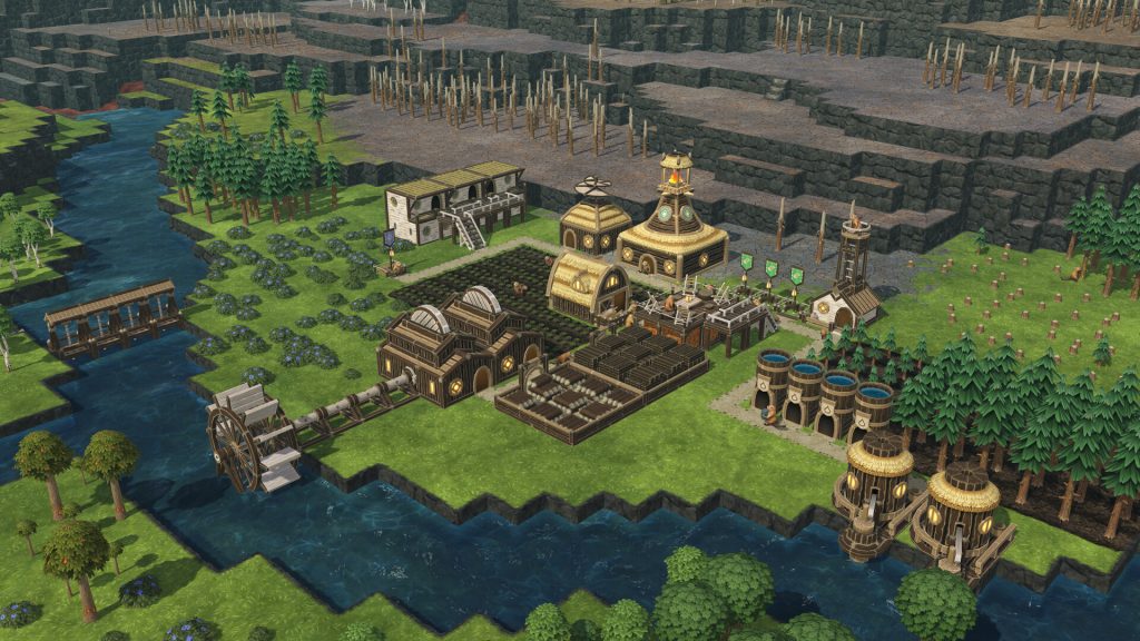 A riverside settlement with wooden buildings and planted areas in Timberborn.