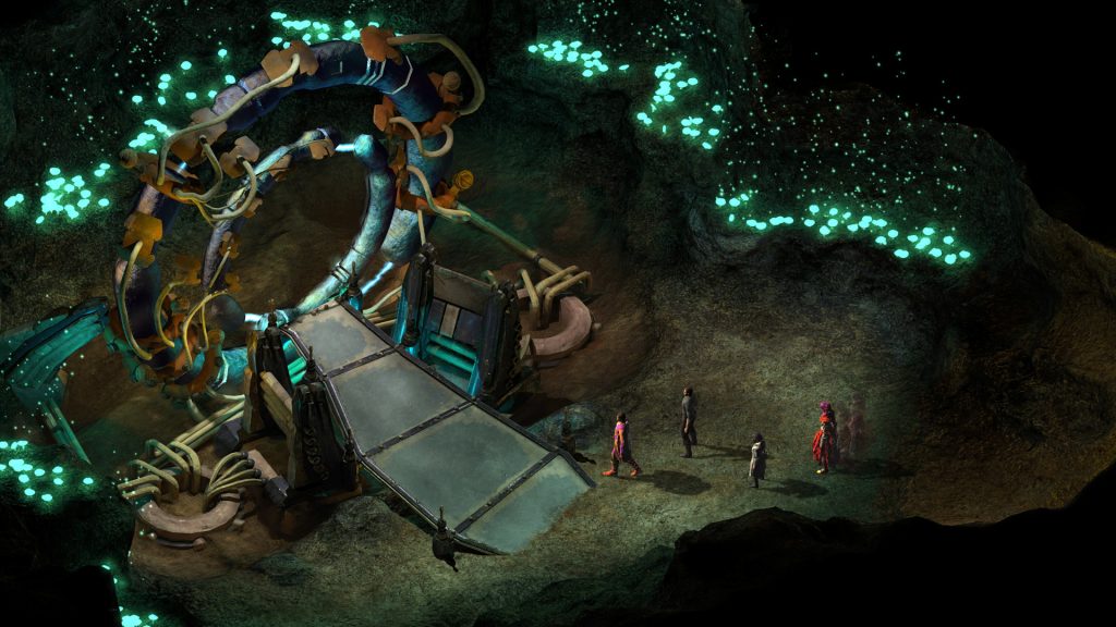 Characters beside an unusual arching structure in Torment: Tides of Numenera.