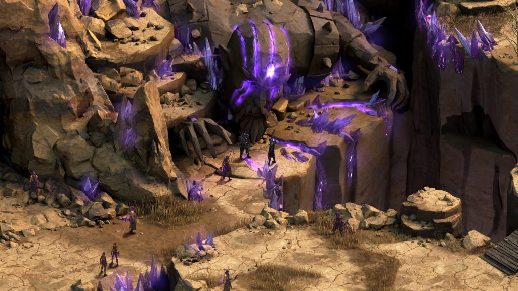 Characters approaching purple-lit ruins in Tyranny.