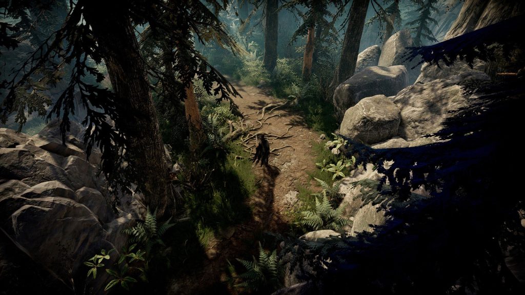 A forest path surrounded by rocks and tall trees in V Rising.