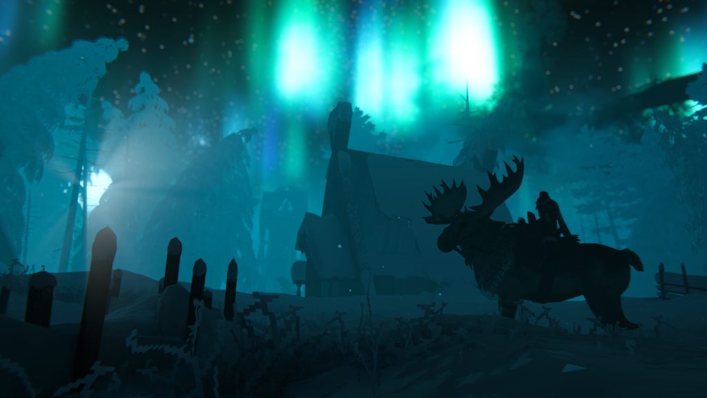 A Viking figure and an animal beneath blue-green lights in a forest in Valheim.