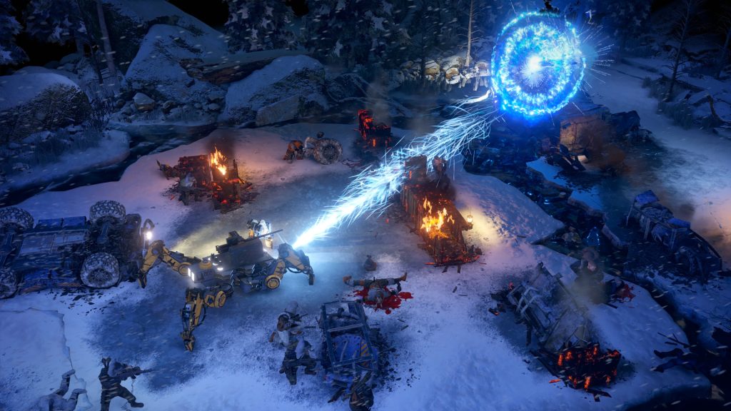 Characters fighting amid snow, fire and blue energy in Wasteland 3.