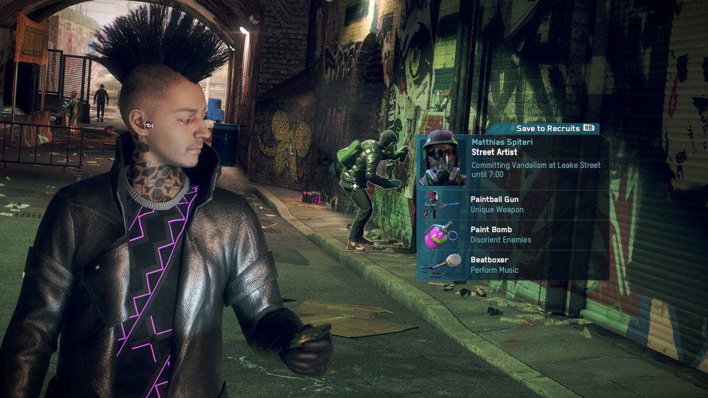 A character and recruitment information in a London street in Watch Dogs: Legion.