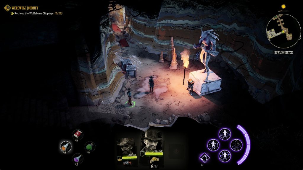 Characters investigating a graveyard at night in Weird West.