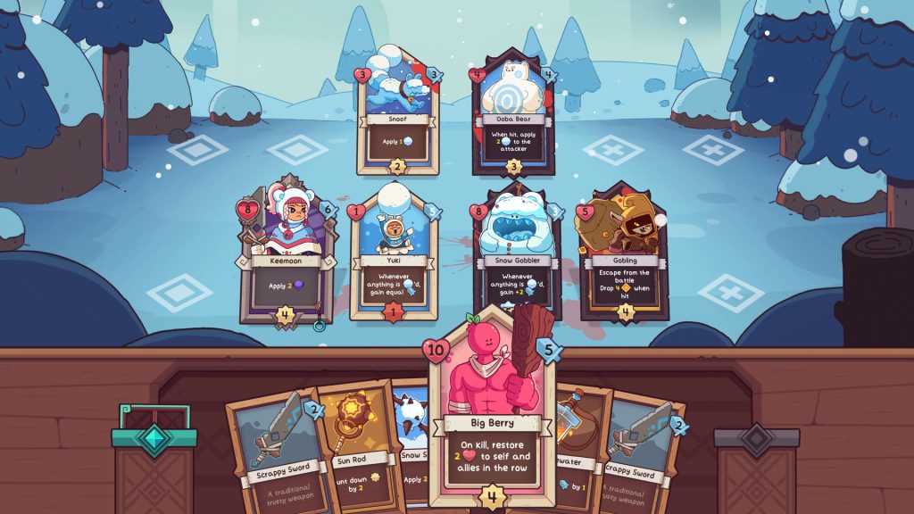Card characters facing one another on a snowy battlefield in Wildfrost.